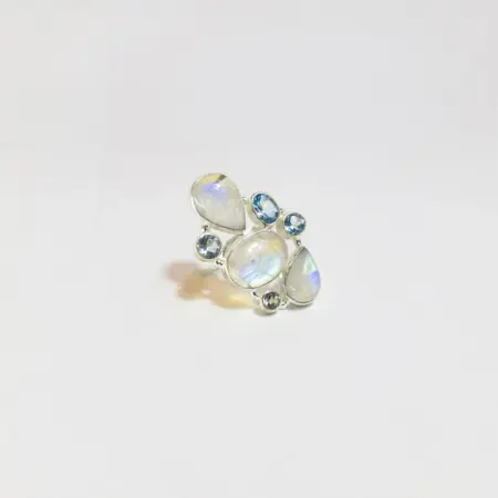 Anel em Prata 925 com Pedra da Lua e Topázio Azul - Energia e Intuição