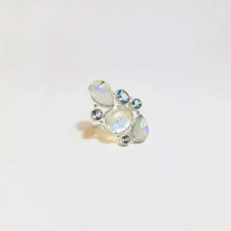 Anel em Prata 925 com Pedra da Lua e Topázio Azul - Energia e Intuição